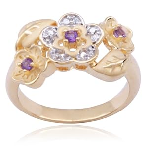 18k Yellow Gold Plated Sterling Silver Amethyst and Diamond-Accent Flower and Leaf Ring