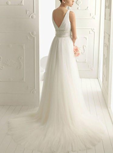 GKD Long Simple Double V-Neck Bridal Tulle A Line Wedding Dresses
