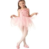 POPATU - Pink Dance Dress / Costume with Front Lace Cover, Rose Trim and Sparkling Laser Dots.