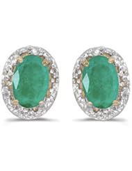 14K Yellow Gold Oval Emerald and Diamond Earrings (.90ct tgw)