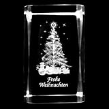 3D Laser Kristall Glasblock mit LED Beleuchtung - Weihnachten Schriftzug FROHE WEIHNACHTEN Weihnachtsbaum Christbaum mit Geschenken und Schneemann