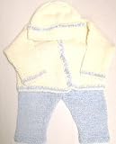 Knitted on Hand Knitted Machine Ivory Chenille Finished By Hand Crochet with Blue Toddler Boys Cardigan Contrast Pant Hat Set