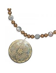 MMA Silver - 16 inch+2 inch Glass Pearl and Coin Pearl Necklace Featuring a Shell Pendant and 14K Gold Plated Beads