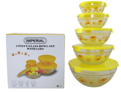 Imperial 5 Pcs Glass Nested Dipping or Storage Bowls with Yellow Lids and Crab Design
