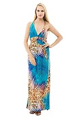 Sexy V-neck Leopard Print Halter Sleeveless Rayon/Viscose Maxi Dress 