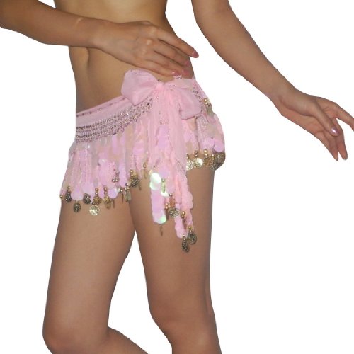 Ladies Sexy Belly Dance Sequins Tassel Hip Scarf / Exotic Costume Belt With Coins - Pink
