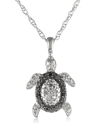 Sterling Silver Diamond Black and White Turtle Pendant Necklace