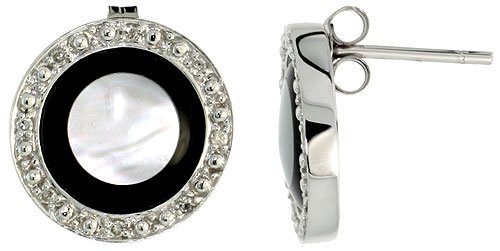 41V2HdUidKL 14k White Gold 9/16 in. (14mm) Round Black Onyx & Mother of Pearl Stud Earrings, w/ 0.10 Carat Brilliant Cut Diamonds