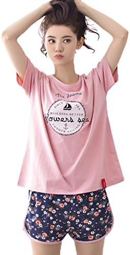 Mingxin Couple's Women's Pure Cotton Summer Sleepwear Pajamas Set Shirt Shorts