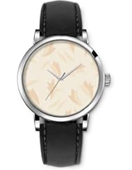 SPRAWL Aanalog Fashion Series Silver Ladies Watches of Genuine Black Leather Strap,Unique Wrist Watch for Women Girls Designed with Petals on beige background