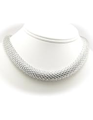Rhodium Plated Basket Weave Mesh Sterling Silver Chain Necklace Italy