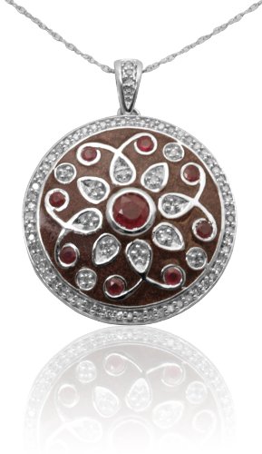 10k White Gold Diamond and Ruby with Brown Enamel Flower Design Pendant (1 5 cttw - I-J Color - I3 Clarity) - 18