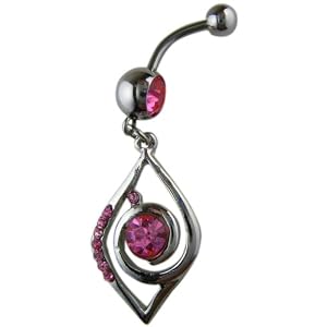 Pink Crystal CZ Dangle Belly Button Navel Ring Bar Silver - Chandelier Style Belly Button - Eyes...