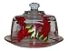 ArtisanStreet's Hand Painted, Glass Cheese Plate with Dome Cover. Painted with Red Hot Chili Pepper Design. Chili Peppers Are Decorated with Metallic Green Leaves. Signed by Artisan.