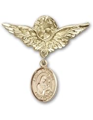 14K Gold Baby Badge with St. Gertrude of Nivelles Charm and Angel with Wings Badge Pin