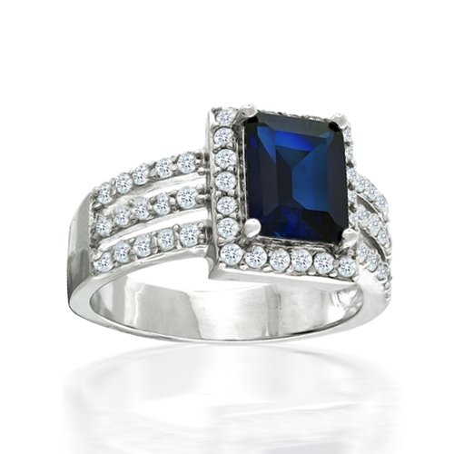 Bling Jewelry Sterling Silver Art Deco Blue Sapphire Diamond CZ Cocktail Ring-7