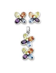 Sterling Silver Multi Cz Flower Pendant & Earring Set, Best Quality Free Gift Box Satisfaction Guaranteed