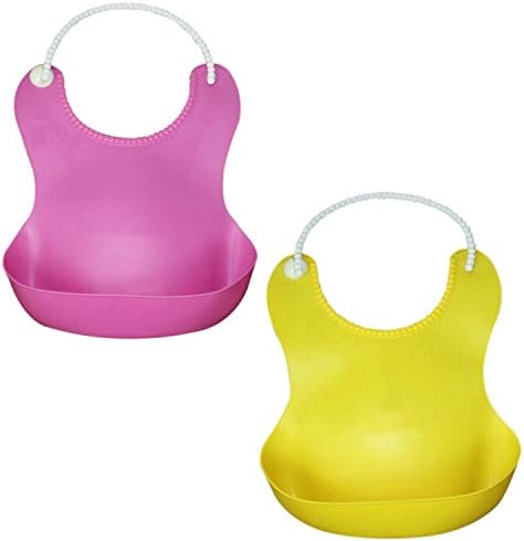 Iwotou Soft Waterproof Baby Bibs, Perfect For Your Baby Kids (Soft Silicone bibs, pink and yellow)