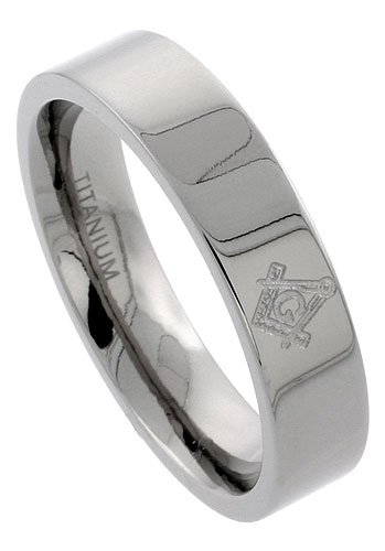 Titanium 6 mm (1/4 in.) Flat Comfort Fit Wedding Band Ring w/ Masonic Symbol (Available in Sizes 7 to14), size 10.5
