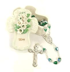 3" May Birthstone Porcelain Rosary Cross Keepsake Box