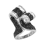 Sterling Silver 925 Incredible Sparkling Black and Clear CZ Curl Design Cocktail Ring- Size 7