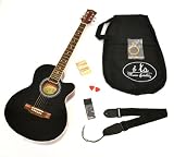 Produkt-Bild: 4/4 Akustik Gitarre Westerngitarre in Schwarz-Braun mit Pickup Tonabnehmer und Zubeh&ouml;rset: gepolsterte Tasche, Gurt, Ersatzsaiten und Stimmpfeife