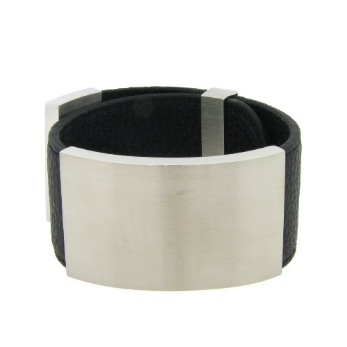  Women's Adjustable Leather Cuff with Stainless Steel Center in Black, 6.25