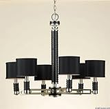 AF Lighting 7487-6H Odyssey Candle Base Chandelier, Black Leather Wrapped Over Brushed Silver with Black Hard-Back Fabric Shades