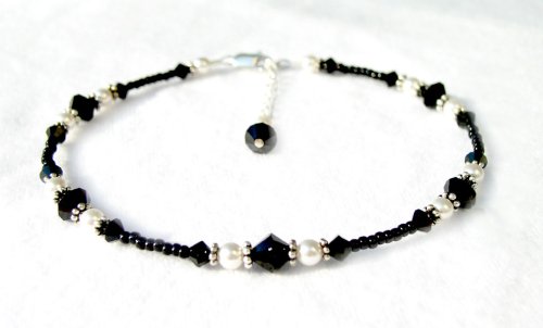 Black Tuxedo: Striking Sexy Jet Black Ankle Bracelets: Sterling Silver Handmade Adjustable Beaded Anklets