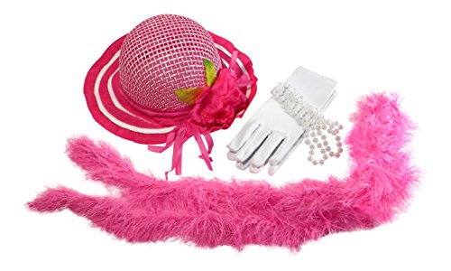 Girls Tea Party Dress Up Play Set with Pink Sun Hat Boa Faux Pearl Necklace and Gloves Kaylee