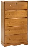 Chest of Drawers with 5 Super Jumbo Drawers, 32w x 60h x 17d, Honey Pine, Lock & Key Included, 100% Solid Wood. Optional Metal Antique Brass Knob Sold Separately. REQUIRES ASSEMBLY.