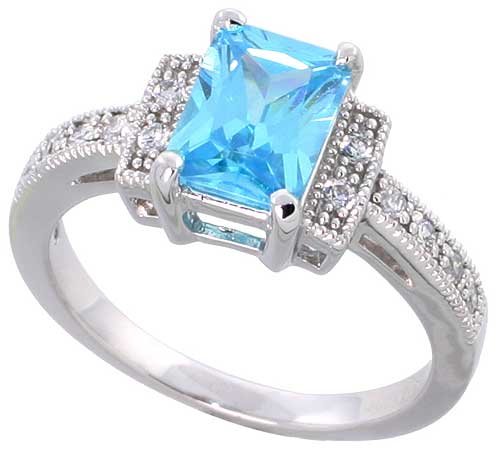 Sterling Silver Vintage Style Engagement ring, w/ an 8 x 6 mm (1.5 ct) Emerald Cut Blue Topaz-colored CZ Stone, 3/16″ (5mm) wide, size 6