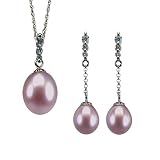 14k White Gold Diamond Journey Bail Natural Lavender Cultured Pearl Drop Pendant Necklace & Dangle Earrings Set - by Dahlia Classic Jewelry Collection