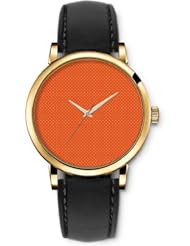 SPRAWL Aanalog Fashion Series Gold Ladies Watches of Genuine Black Leather Strap,Unique Wrist Watch for Women Girls Designed with White dots on orange background