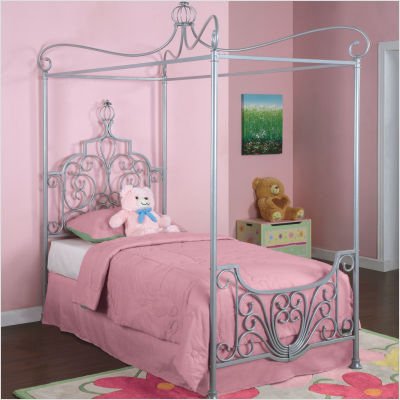Bundle-88 Princess Rebecca Twin Size Canopy Bed in Sparkle Silver (4 Pieces) Size: Twin