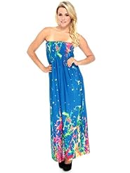 Strapless General Print Cotton Flowy Shirred Summer Maxi Dress 