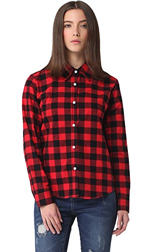 Meykiss Women s Check Flannel Plaid Shirt US12 Black Red