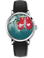 SPRAWL Aanalog Fashion Series Silver Ladies Watches of Genuine Black Leather Strap,Unique Wrist Watch for Women Girls Designed with Red gloves hanging on branch