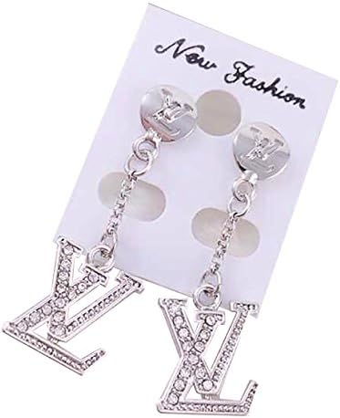 ์New 2014 Sterling Silver Plate and White Crystal Stud Earrings a Chain Hanging Down.
