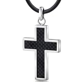 Stainless Steel Mens Cross Pendant Necklace with Carbon Fiber