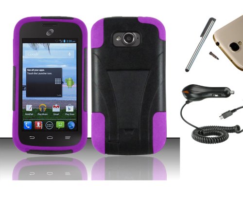 For Zte Awe N800 (Virgin Mobile) Dual Layer Tuff Armor Impact Hybrid Soft Silicone Cover Hard Plastic Case + [WORLD ACC] TM Brand Brand 1100mA Built in smart IC chip Car Charger + Silver Stylus Pen + Black Dust Cap Free Gift (Y Stand Black / Purple)