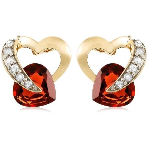10k Yellow Gold Diamond and Garnet Heart Shaped Earrings