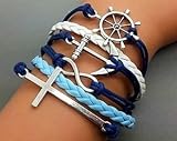 Vintage Style White and Blue Leather Rope Anchor Cross Love Bracelet