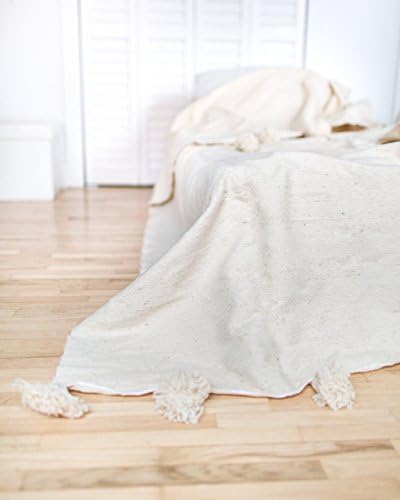 Jessika. Moroccan Pom Pom Blanket Throw, Quilt, Bedding, Wool. Small (59 x 59 inches / 1.5 x 1.5 m)