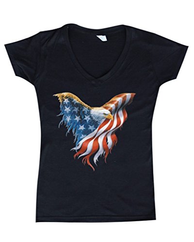Shop4Ever® Eagle Usa Flag Women's V-Neck T-shirt 4th of July Shirts SLIM FIT