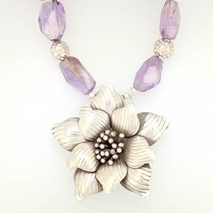 Ametrine and Amethyst Chunky Gemstone Necklace with Large Flower Pendant in Sterling Silver, 17 1/2" Length, #7555