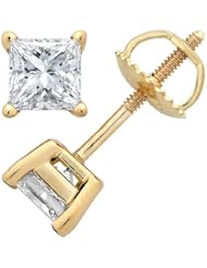 0.9 Carat Solitaire Diamond Stud Earrings Princess Cut 4 Prong Screw Back (I-J Color, VS2-SI1 Clarity)