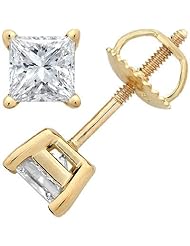 1/2 Carat Solitaire Diamond Stud Earrings Princess Cut 4 Prong Screw Back (J-K Color, I1 Clarity)