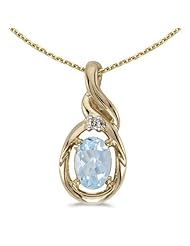 10k Yellow Gold Oval Aquamarine And Diamond Pendant with 16" Chain