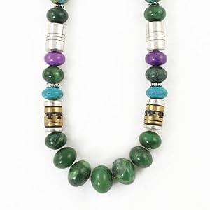 Southwestern Green Jasper Gemstone Bead, Sterling Silver and Gold 30" Necklace by Native American Artist Tommy Singer, #7685